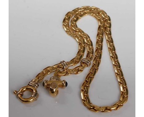 An 18ct yellow and white gold necklet, of interlocking flat curved link design, with a jumbo bolt ring clasp and T-bar at opp