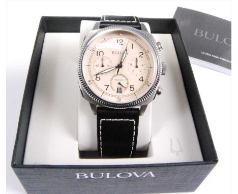 A gents Bulova steel cased ultra high frequency 262khz quartz chronograph military wristwatch, having round cream Arabic dial