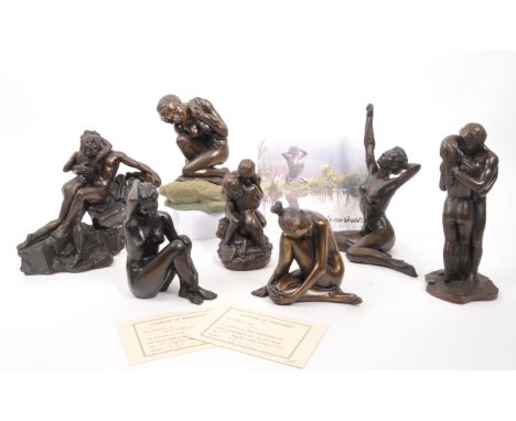 A collection of bronze resin nude Art Nouveau style figurines / statues. Some depict courting couples, other single nude ladi