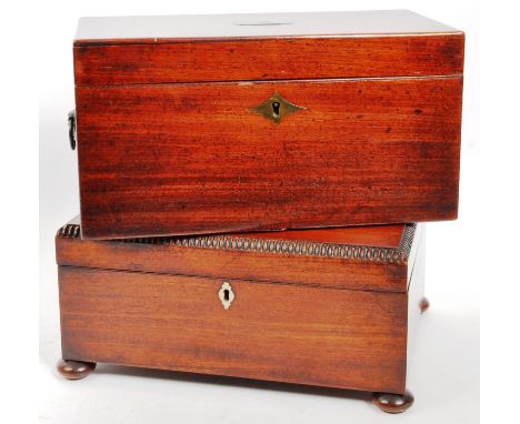 An early 20th century mahogany jewellery box and tea caddy. The jewellery box raised on bun feet, with hinged lid and reeded 