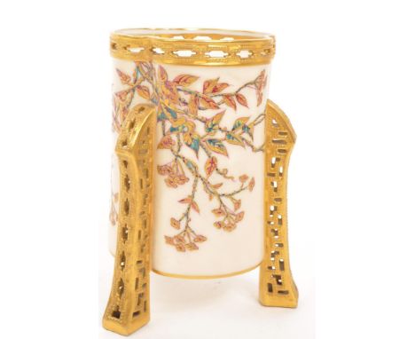 A 19th circa 1880 Century Royal Worcester ' Blush Ivory ' reticulated vase hand painted with gold and floral motifs. Measures