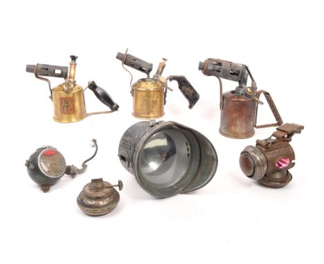 Collection of vintage 20th century blow torches cycle lamp including Lucas King of the Road. Original Sievert, brass metal co