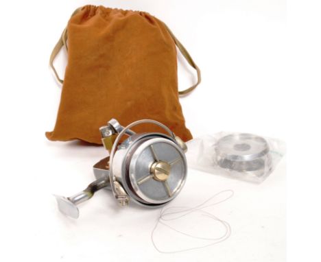A vintage Hardy Brothers ' Altex No. 2 Mark 5 ' fishing spool / reel with spares, small tools and cotton pouch.
