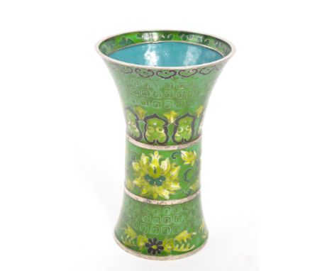 A 19th Century Chinese cloisonne enamel green vase of beaker shape. The vase having decorative floral motif and repeated wire