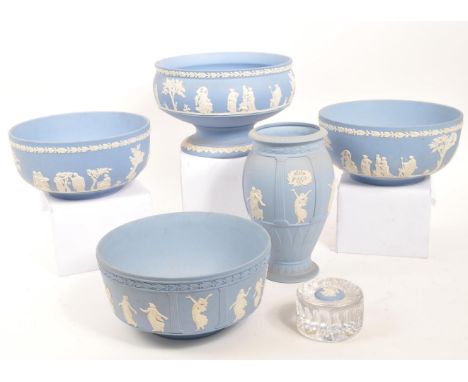 Wedgwood - A collection of six pieces of Wedgwood Jasperware in light blue and white colourway. Comprising of three bowls, an