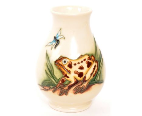 Moorcroft Pottery - Contemporary bud / stem ceramic vase. Toad with dragonfly design. Signed KW 2009 dated.10cm height approx
