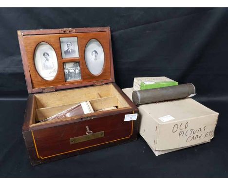 PHOTO BOX CONTAINING OLD PHOTOGRAPHSalong with box of framed old photographs, panoramic cityscape print and Weston Master II 