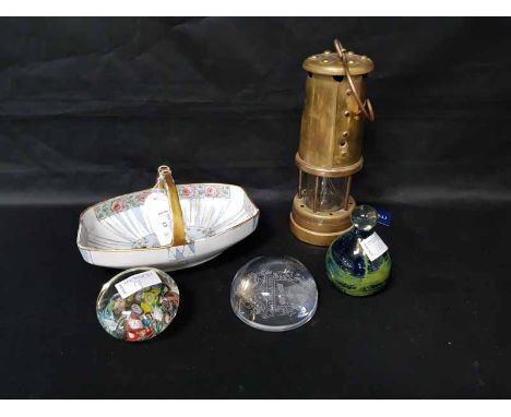 HOCKLEY MINERS LAMP along with a hand painted Continental basket with initials 'EKH' and three various paperweights