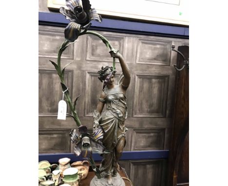 ART NOUVEAU STYLE SPELTER LAMP modelled as a standing classical female 