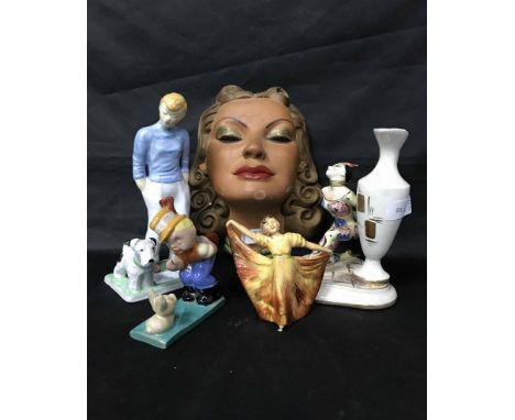 ART DECO MASK WALL HANGINGalong with other collectable ceramic figures (5)