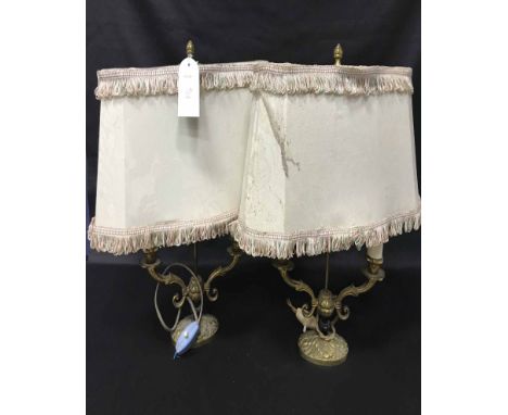 PAIR OF BRASS FRENCH TABLE LAMPSalong with a fire screen