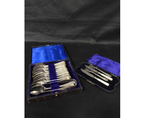 LOT OF PLATED CUTLERY IN CASES AND A PICQUOT WARE FOUR PIECE TEA SERVICE 