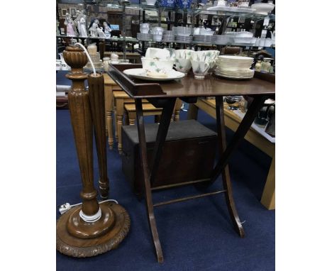 BUTLERS TABLE, WOODEN STANDARD LAMP AND LARGE WOODEN BOX