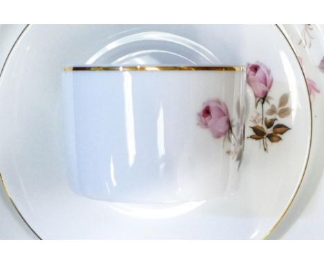 Royal Limogues pink rose dinner ware with the initials M W to include - 12 dinner plates, lidded tureen, 12 coffee cans &amp;