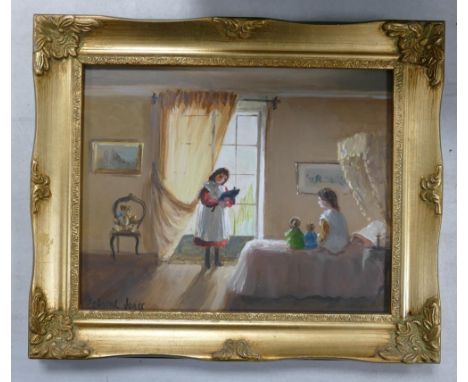 Deborah JONES (1921-2012), Two Girls playing with a Cat in a Childs Bedroom, Gilt Framed Oil on Canvas. Height: 25.6cm Width: