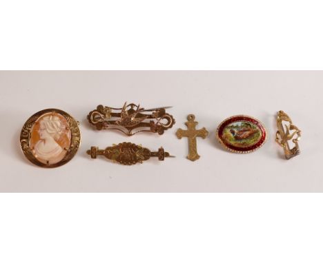 6 gold items - 5 x 9ct gold brooches &amp; a small 9ct hallmarked cross.  Some items hallmarked, others tested as 9ct gold.  