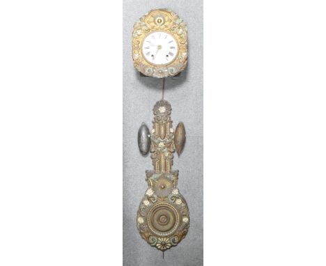 L. Durand, 19th century French Morbier clock of Repousse Brass Construction. with faded burnishing and enamel highlights to f