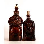 Rockingham style Treacle glazed spirit flasks, one with raised Queen Victoria & Duchess of Kent