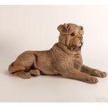Large Austrian polychrome painted Terracotta pug dog. Early 20th century. Modelled in recumbent