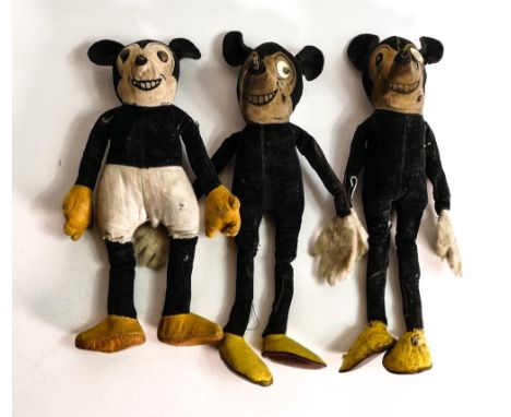 Three vintage 1930's Deans Rag Book Co., reg no 750611 Mickey Mouse dolls. Height 22cm 