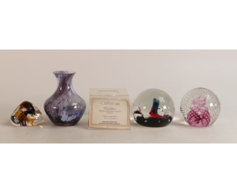 Caithness moonflower paperweight , Cauldron paperweight and stand , pebble paperweight ( boxed) and purple vase (4) 