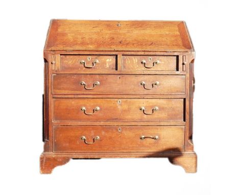 Georgian light Oak bureau, five draws, canted corners and fitted interior, w.96 x d.47 x h.101cm. 