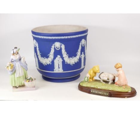 Large Wedgwood dipped blue planter, height 23.5cn ( chip to top rim) together with Royal Doulton Springflowers HN1807 (hand m