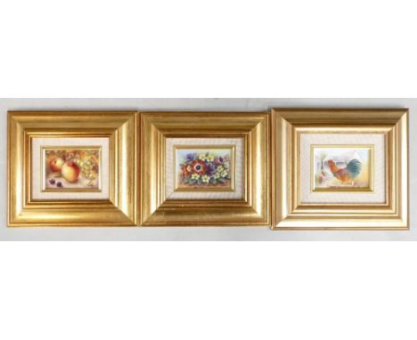 Three Kingsley hand painted enamel limited edition plaques depicting cockrell 4/100,  fruit 19/100 and flowers 11/100, boxed.