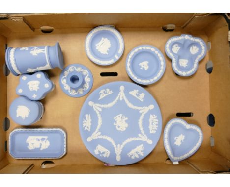 A collection of Wedgwood blue jasperware pin dishes , spill vase, plate, lidded boxes candlestick ( 1 tray) 