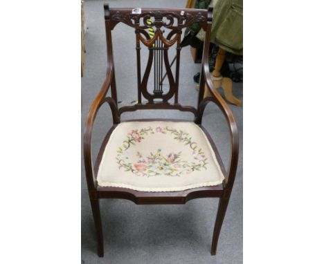 Gilberts of Swindon, A Lyre Back Marquetry Inlaid Armchair, Two Tone Back with lighter wood applied swags with some cracking 
