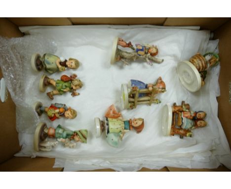 Nine Goebel figures to include Shepherd's Boy, For Mother, Coquettes, Gay Adventure, Helper Girl, Out of Danger, Playmates, S