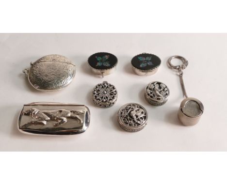 Eight assorted sterling silver boxes - includes snuff box, vesta / match case, sixpence case &amp; 5 x various pill boxes, gr