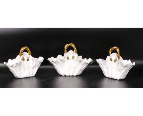 Late 19th century Moore &amp; Co &amp; similar later porcelain posy baskets, with ripple edges, gilt decorated handles &amp; 