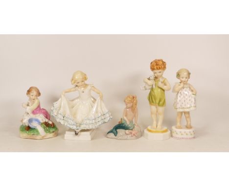 Royal Worcester figures Masquerade Girl 3360, Wednesday's Child Knows Little Woe 3521, Little Miss Muffet 3307, Only Me 3226 