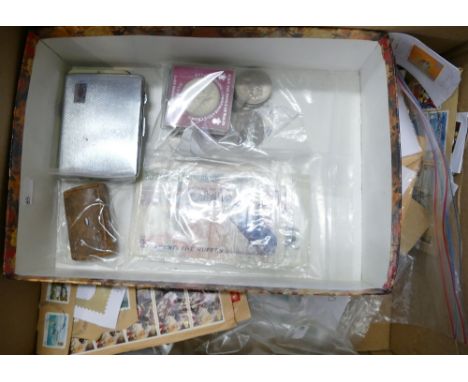 Job lot of stamps, coins &amp; collectors pieces - Includes 2 x £5 UK coins, assorted UK crowns, assortment of overseas bankn