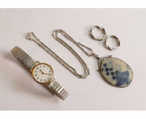 Silver pendant set with porcelain with silver chain and earrings and Ladies Rotary wristwatch. (4) 