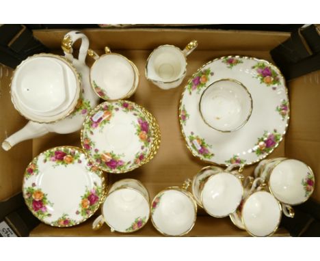 Royal Albert Old Country Roses Teaware to include teapot, milk jug, sugar dish, cake plate, 12 side plates, 11 saucers and 12