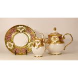 Large De Lamerie Fine Bone China heavily gilded Royale patterned Tea Pot, Milk Jug & Plate,