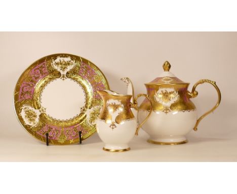 Large De Lamerie Fine Bone China heavily gilded Royale  patterned Tea Pot, Milk Jug &amp; Plate, specially made high end qual