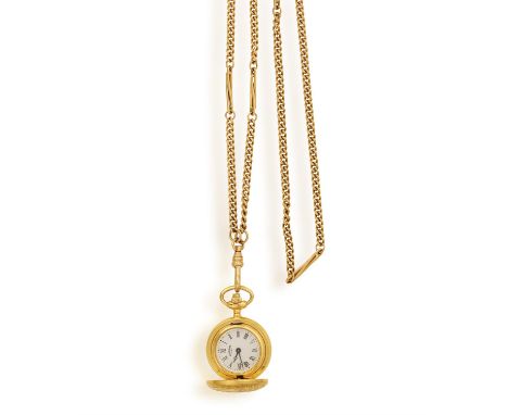 ROTARY: A HUNTER CASE POCKET WATCH TO A 9K GOLD CHAINThe white dial with Roman numerals hour markers, black painted 'pomme' h