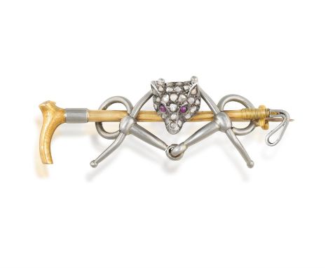 A DIAMOND AND RUBY NOVELTY BROOCH AND A 9K GOLD BANGLEThe brooch centring a fox head set with rose-cut diamonds and cabochon 