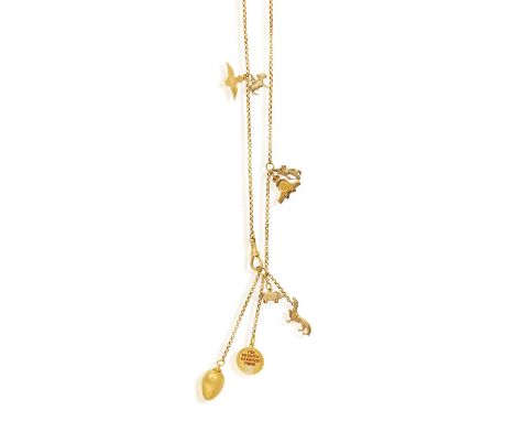 A GOLD CHARM NECKLACEComposed of a cable-link chain with swivel clasp, suspending various charms such as a Donkey, a piglet, 