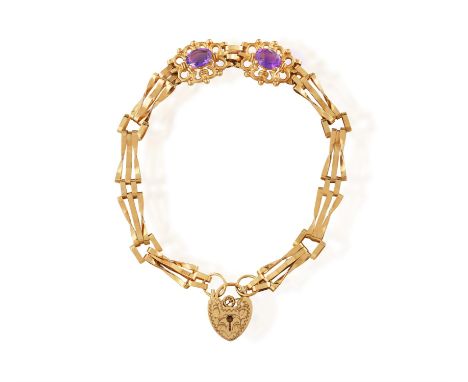 A 9K GOLD AND AMETHYST BRACELETOf gate-link design, with an engraved heart-shaped padlock clasp, set to the front with two ov