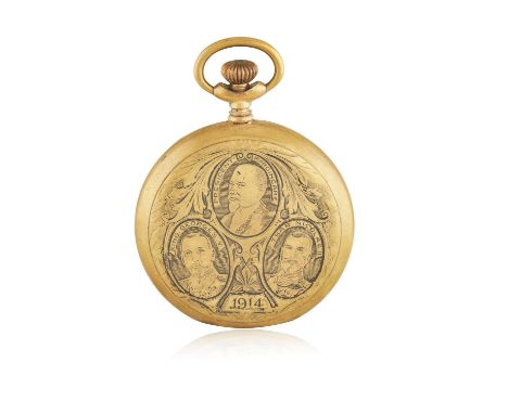 MONTRES DES ALLIÉS: A YELLOW METAL POCKET WATCHWhite circular dial with Arabic numerals, Swiss made, portraits of King George