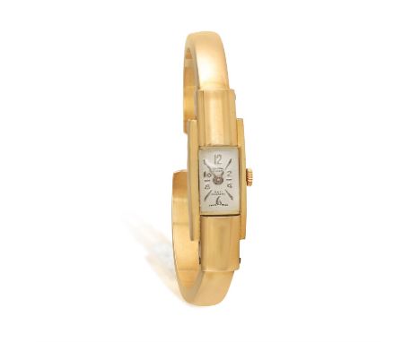 SULTANA: A LADY'S 18K RETRO BANGLE WATCH, CIRCA 1950Of 17-jewel cal. manual wind movement, the rectangular silvered dial with