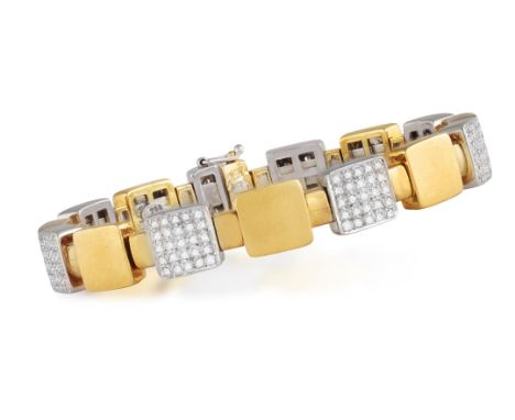 AN 18K GOLD AND DIAMOND BANGLE BRACELETThe square yellow gold links, interspersed with similar white links pavé-set with bril