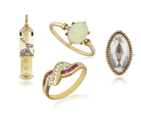 A GROUP OF MISCELLANEOUS JEWELLERYComprising of a gold bamboo pendant, a mourning pendant/brooch, a ruby and diamond ring and