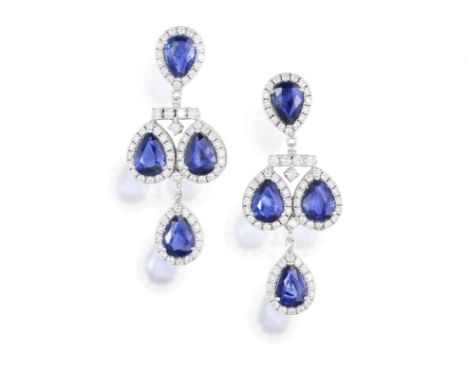 A PAIR OF SAPPHIRE AND DIAMOND PENDENT EARRINGSOf chandelier design, set with pear-shaped sapphires, within brilliant-cut dia