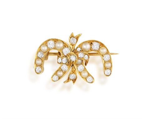 A 19TH CENTURY SEED PEARL AND DIAMOND BROOCHDesigned as a double horseshoe with a central scrolled bow motif, set throughout 