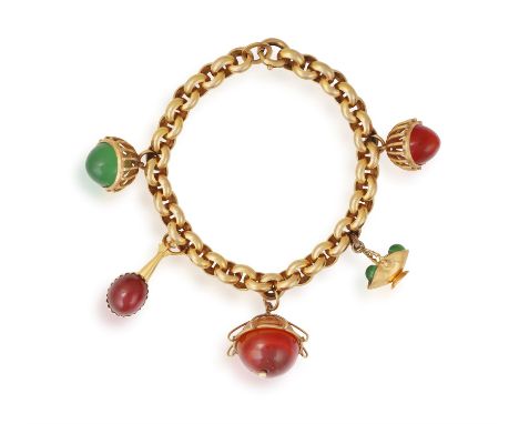 A GOLD AND CHALCEDONY CHARM BRACELETThe cable-chain suspending five charms, two of openwork dome-shape design, one fruit bask
